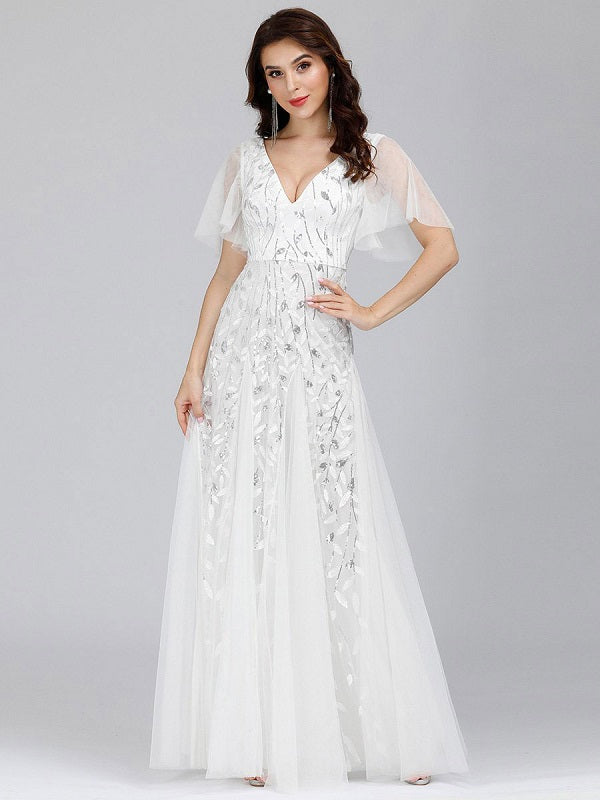 Prom A-Line Short Sleeves Lace Tulle Party Dresses