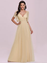 Prom A-Line Short Sleeves Sash Party Evening Dress