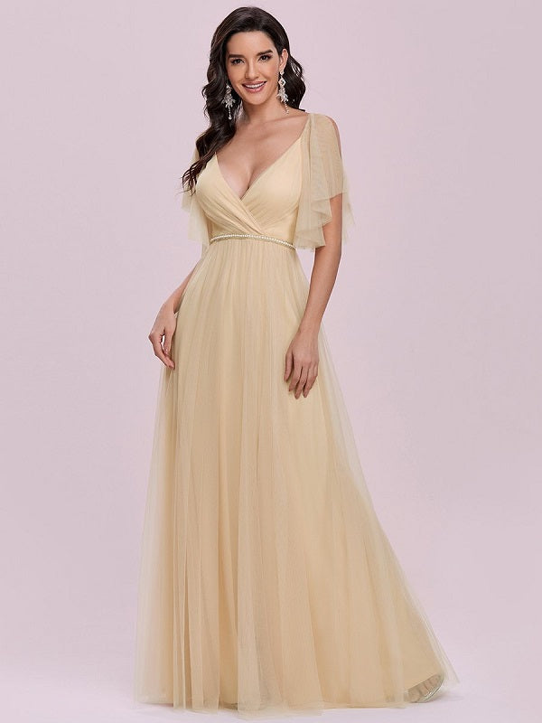 Prom A-Line Short Sleeves Sash Party Evening Dress