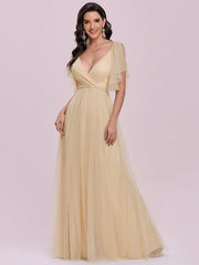 Prom A-Line Short Sleeves Sash Party Evening Dress