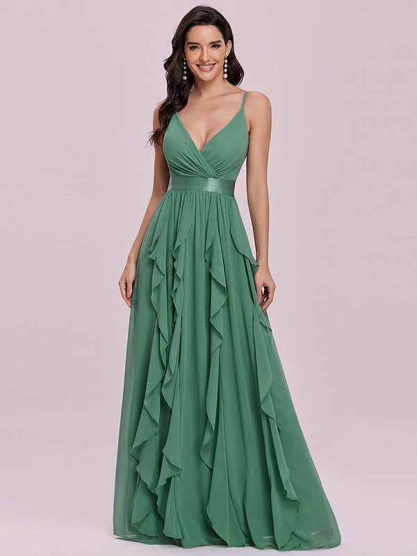 Prom A-Line Sleeveless Backless Floor Length Chiffon Dresses