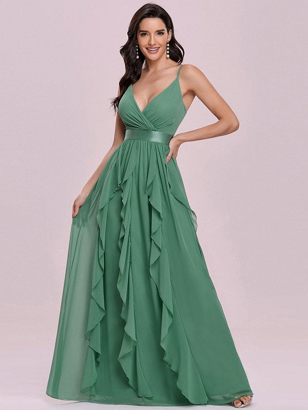 Prom A-Line Sleeveless Backless Floor Length Chiffon Dresses