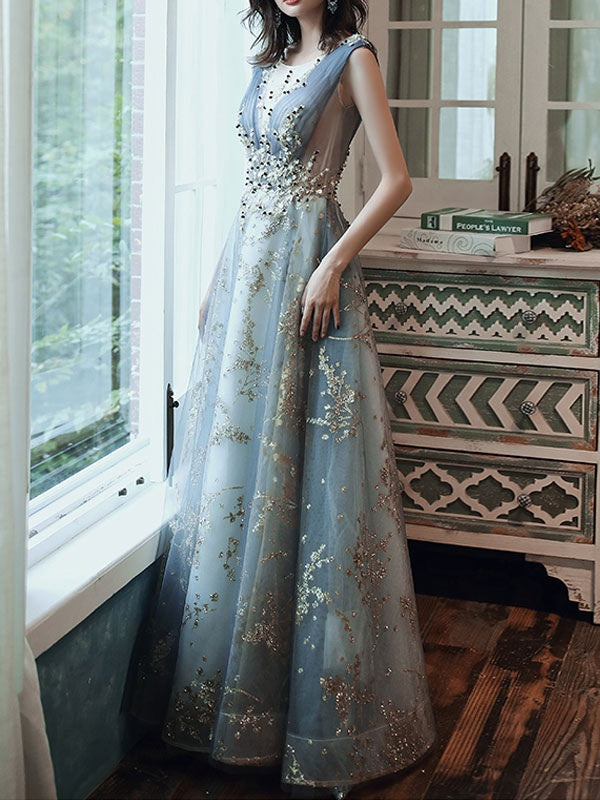 Prom A Line Sleeveless Floor Length Appliqued Formal Dresses