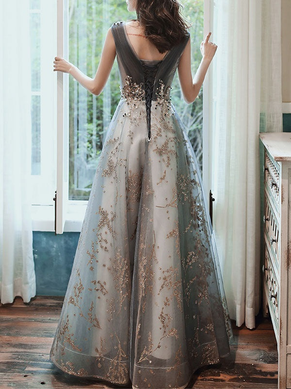 Prom A Line Sleeveless Floor Length Appliqued Formal Dresses