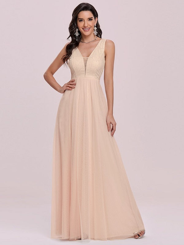 Prom A-Line Sleeveless Floor-Length Tulle Evening Dress