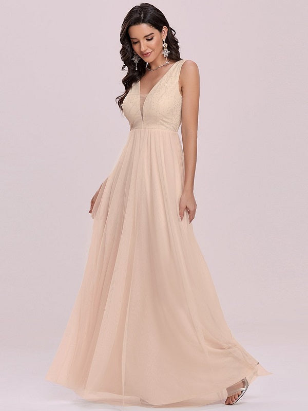 Prom A-Line Sleeveless Floor-Length Tulle Evening Dress