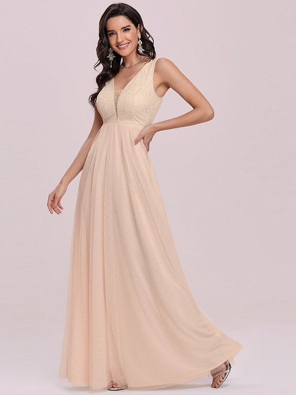 Prom A-Line Sleeveless Floor-Length Tulle Evening Dress