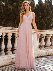 Prom A-Line V-Neck Lace Pearls Floor-Length Evening Dresses