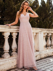 Prom A-Line V-Neck Lace Pearls Floor-Length Evening Dresses