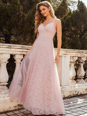 Prom A-Line V-Neck Lace Pearls Floor-Length Evening Dresses