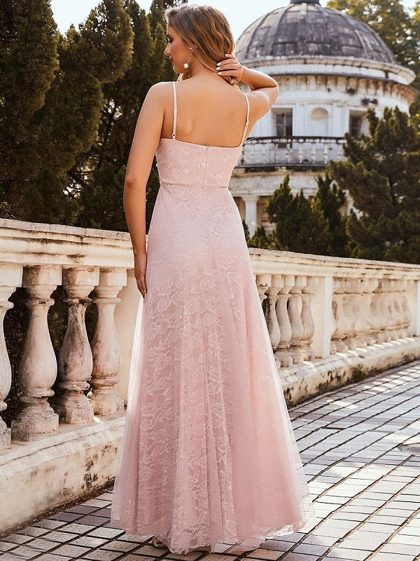 Prom A-Line V-Neck Lace Pearls Floor-Length Evening Dresses