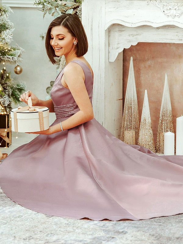 Prom A-Line With Train Satin Fabric Maxi Sash Party Dresses