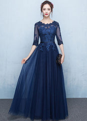 Long Lace Applique Tulle Sash Floor Length Party Dress