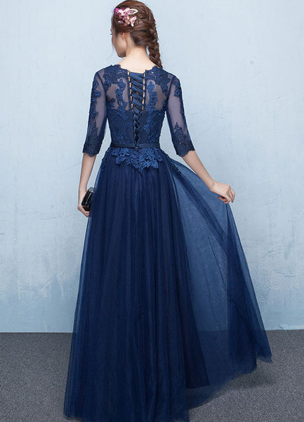 Long Lace Applique Tulle Sash Floor Length Party Dress