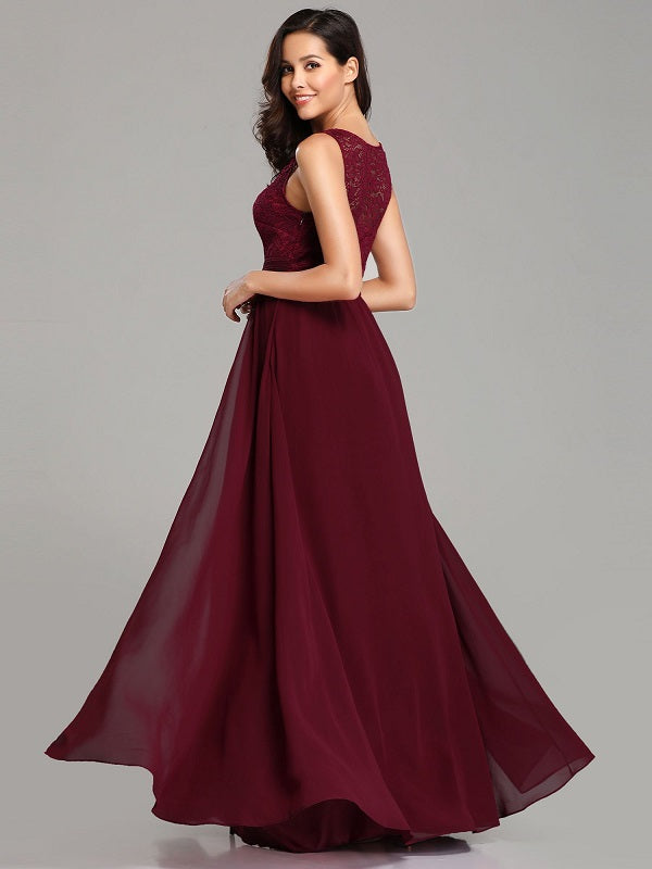 Prom Jewel Neck A-Line Sleeveless Chiffon Lace Floor-Length Dresses