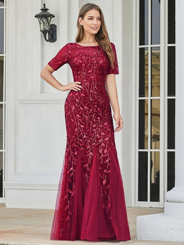 Prom Jewel Neck Short Sleeves Lace Floor-Length Dresses