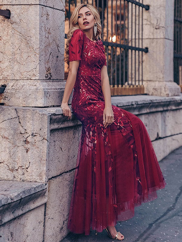 Prom Jewel Neck Short Sleeves Lace Floor-Length Dresses
