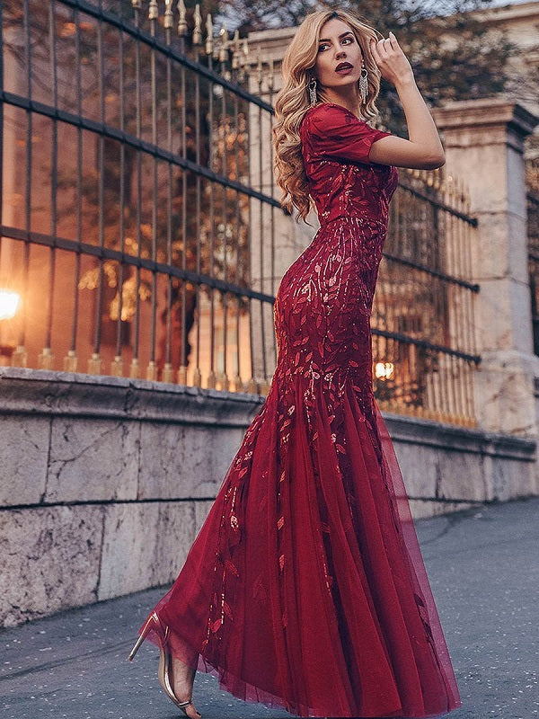 Prom Jewel Neck Short Sleeves Lace Floor-Length Dresses