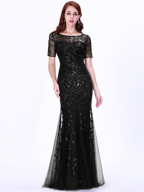 Prom Jewel Neck Short Sleeves Lace Floor-Length Dresses