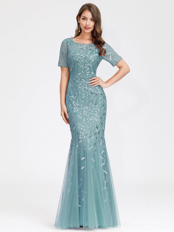 Prom Jewel Neck Short Sleeves Lace Floor-Length Dresses