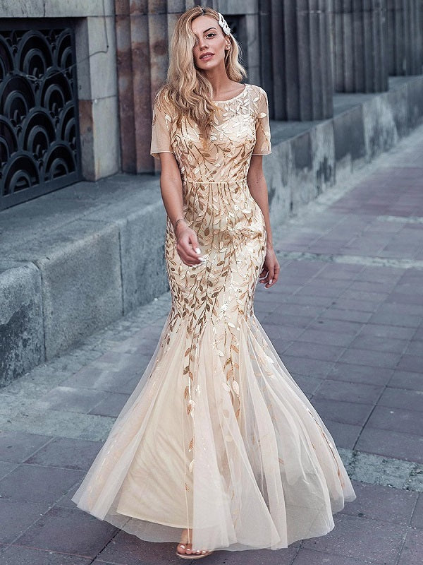 Prom Jewel Neck Short Sleeves Lace Floor-Length Dresses
