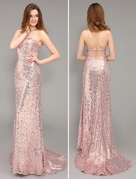 Prom Long Peach Evening Sequined Sweetheart Party Dress