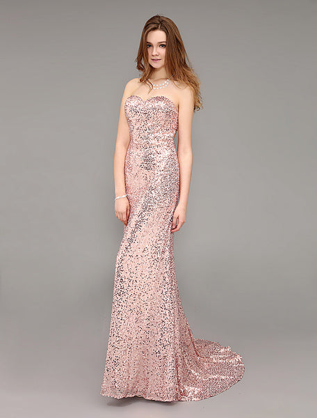 Prom Long Peach Evening Sequined Sweetheart Party Dress