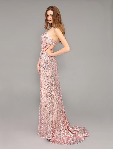 Prom Long Peach Evening Sequined Sweetheart Party Dress