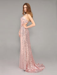 Prom Long Peach Evening Sequined Sweetheart Party Dress