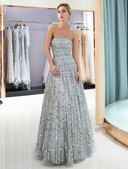 Prom Long Strapless Sequin Light Grey Luxury Women Pageant Dress