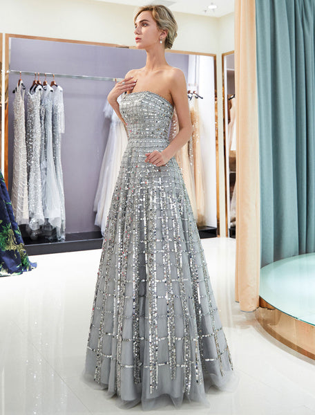 Prom Long Strapless Sequin Light Grey Luxury Women Pageant Dress