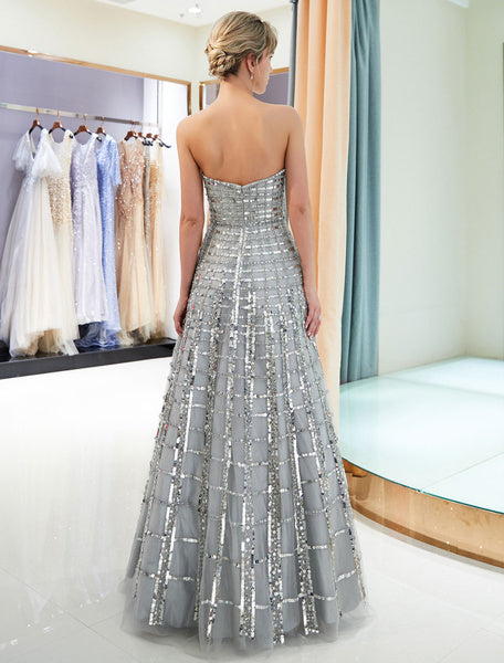 Prom Long Strapless Sequin Light Grey Luxury Women Pageant Dress