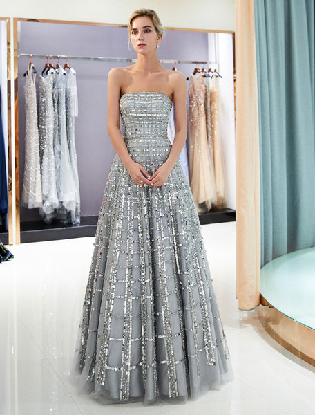 Prom Long Strapless Sequin Light Grey Luxury Women Pageant Dress