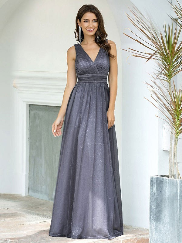 Prom Polyester V-Neck Sleeveless Backless Pleated Dresses
