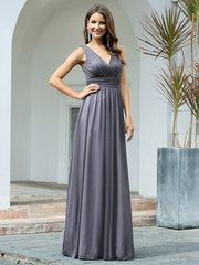 Prom Polyester V-Neck Sleeveless Backless Pleated Dresses
