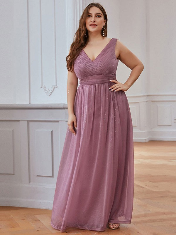 Prom Polyester V-Neck Sleeveless Backless Pleated Dresses