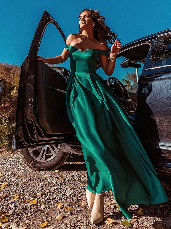 Prom Satin Off-The-Shoulder A-Line Sleeveless Maxi