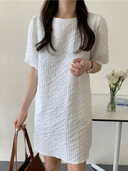 Puff Sleeve Solid Color Crew Neck Casual Dress