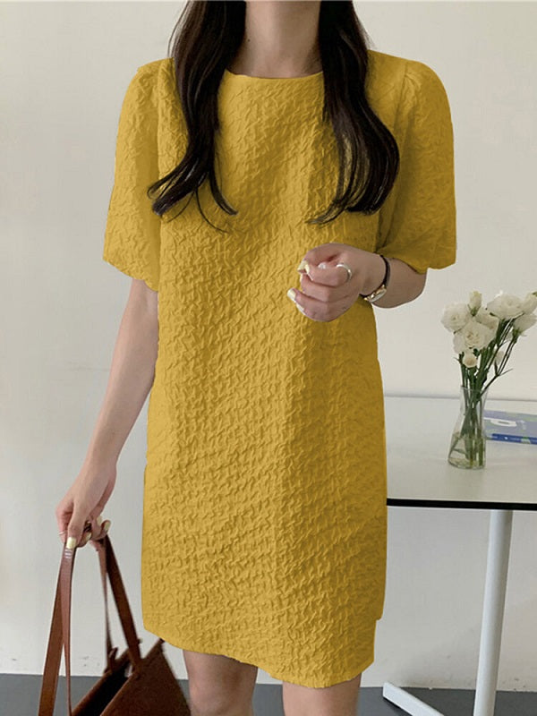 Puff Sleeve Solid Color Crew Neck Casual Dress