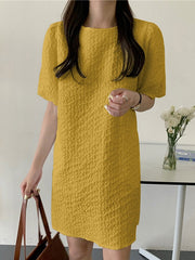 Puff Sleeve Solid Color Crew Neck Casual Dress