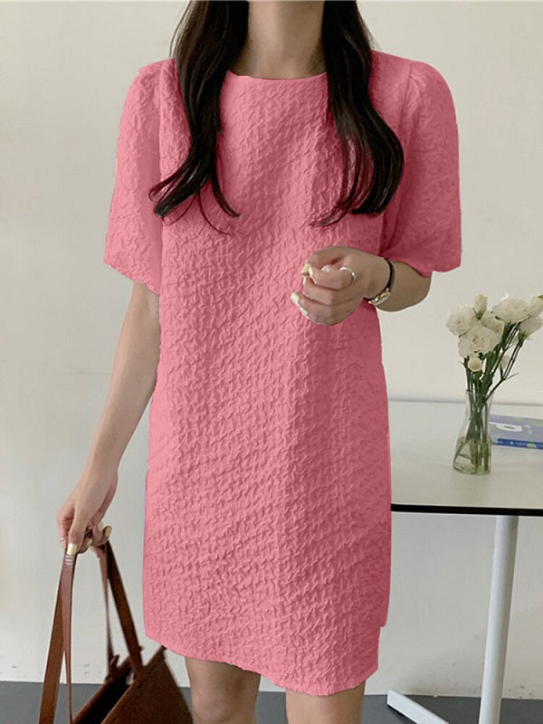 Puff Sleeve Solid Color Crew Neck Casual Dress