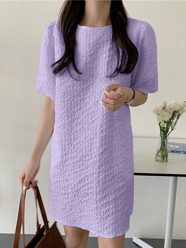 Puff Sleeve Solid Color Crew Neck Casual Dress
