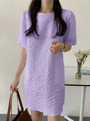 Puff Sleeve Solid Color Crew Neck Casual Dress