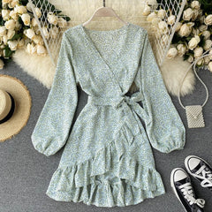 Casual Puff Sleeve V Neck A-line Short Floral Wrap Dresses