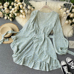 Casual Puff Sleeve V Neck A-line Short Floral Wrap Dresses