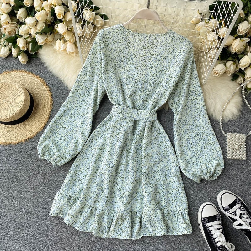 Casual Puff Sleeve V Neck A-line Short Floral Wrap Dresses