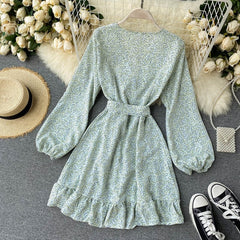 Casual Puff Sleeve V Neck A-line Short Floral Wrap Dresses