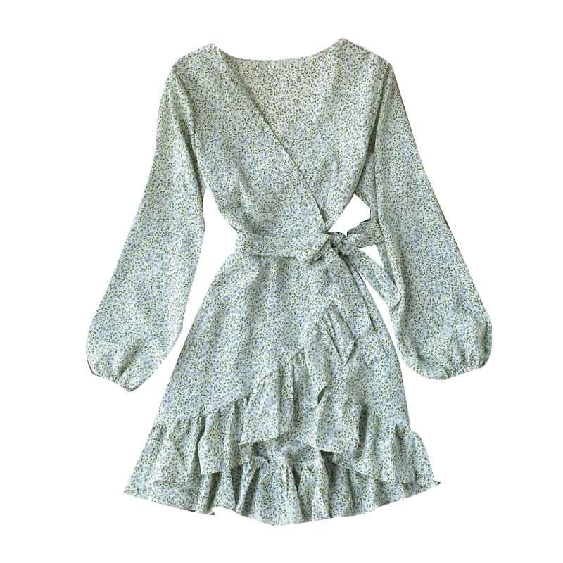 Casual Puff Sleeve V Neck A-line Short Floral Wrap Dresses