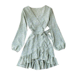 Casual Puff Sleeve V Neck A-line Short Floral Wrap Dresses