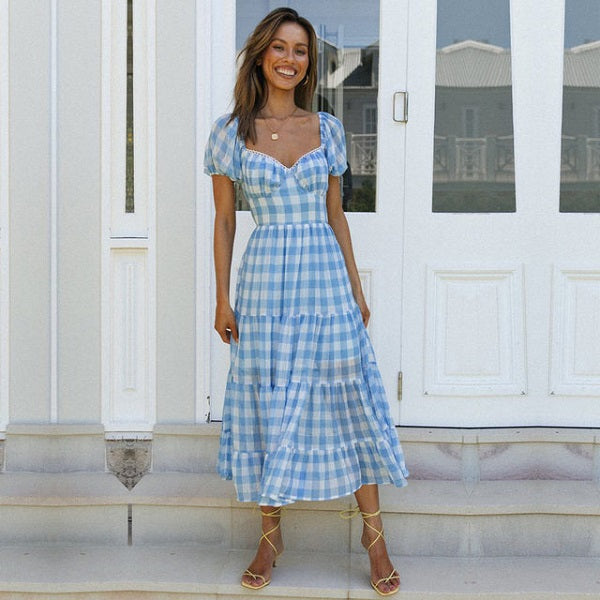 Puff Sleeve Vintage Plaid Printed V-neck Backless Dresses